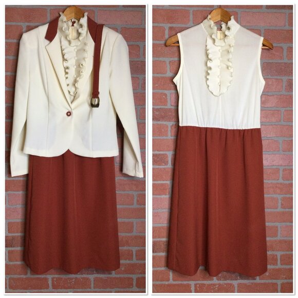 Vintage Sunshine Alley Dress & Jacket Belt Size 10 Ruffled Collar Made In USA - Picture 1 of 16